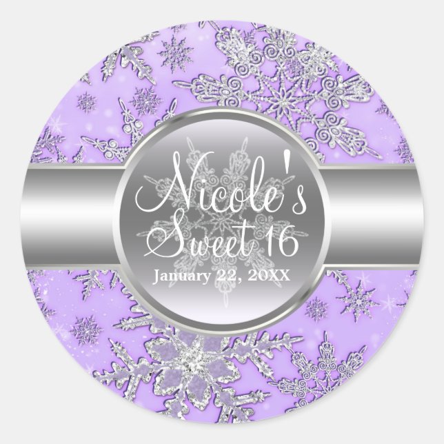Sticker Rond Flammes de neige en argent violet Winter Wonderlan (Devant)