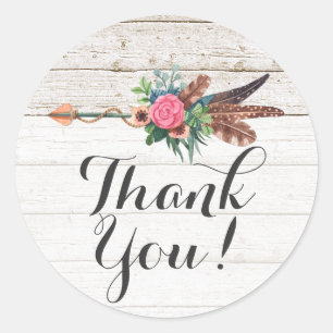 Sticker Rond Flèche en plumes de Bohême et Merci rustique Rose