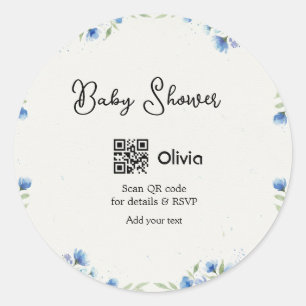 Sticker Rond fleur aquarelle bleue baby shower scan QR RSVP pa