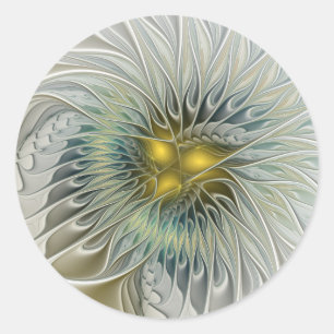 Sticker Rond Fleur argentée dorée Fantaisie art fractal abstrai