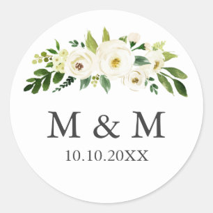 Sticker Rond Fleur blanche   Monogramme classique Mariage flora