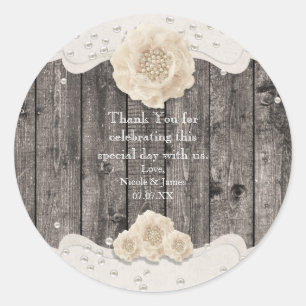 Sticker Rond Fleur Blanche Romantique & Perles Bois Rustique