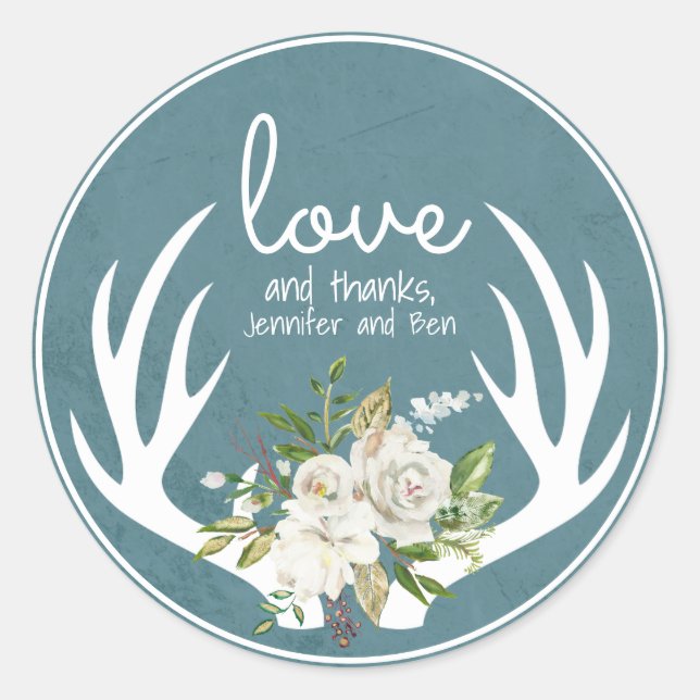 Sticker Rond Fleur bleue et blanche Boho bois de cerf Merci (Devant)