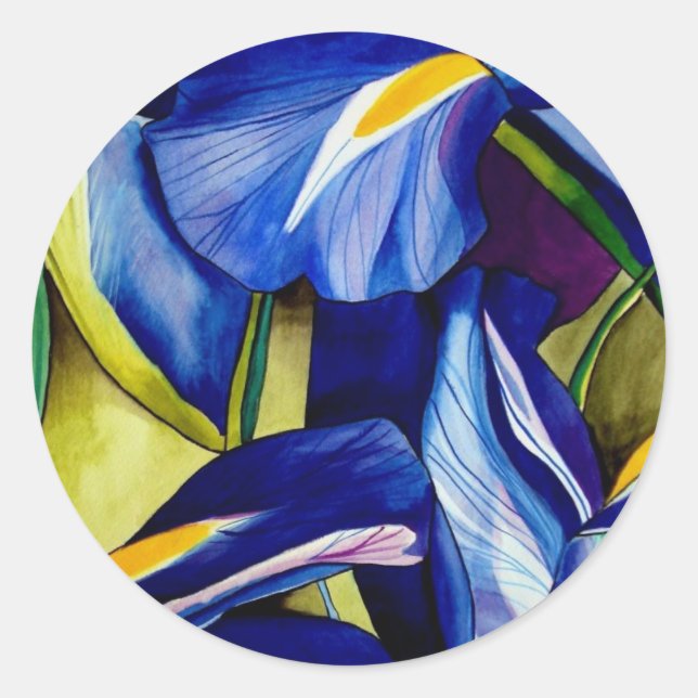 Sticker Rond Fleur bleue Iris peinture originale aquarelle (Devant)