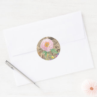 Sticker Rond Fleur botanique rose, Journaux Vintages
