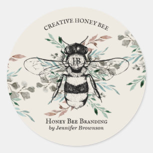 Sticker Rond Fleur d'abeilles miel ivoire Boho Blush
