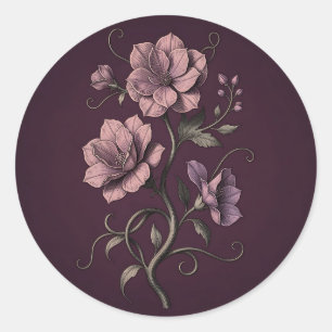 Sticker Rond Fleur d'anémone mauve pourpre botanique foncée