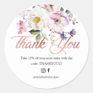 Sticker Rond Fleur d'aquarelle et or rose merci rond s