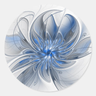 Sticker Rond Fleur d'art fractal à l'aquarelle bleue grise abst