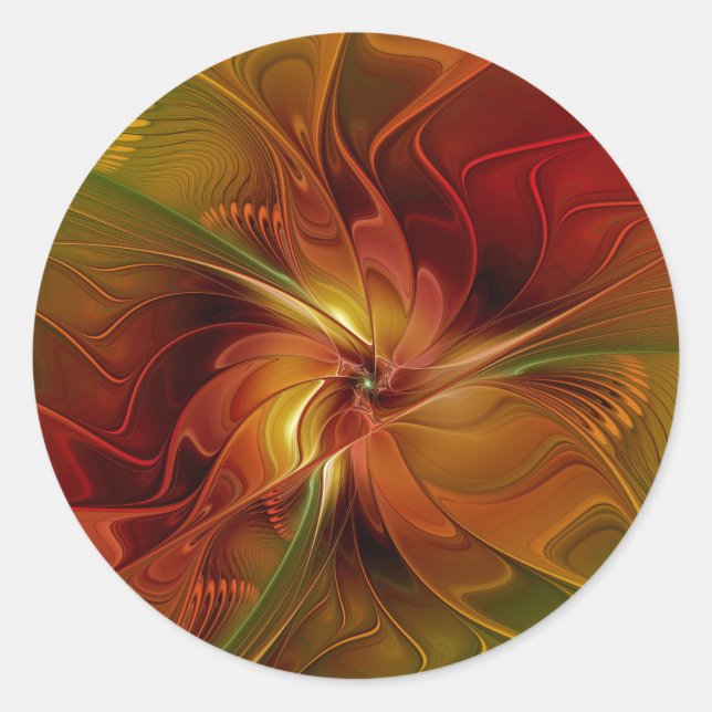 Sticker Rond Fleur d'art fractal abstrait rouge orange marron v (Devant)