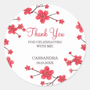 Sticker Rond Fleur de cerise rouge sucrée Sakura Fleur Annivers