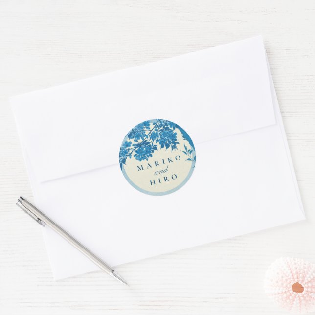 Sticker Rond Fleur de cerisier bleu japonais antique (Enveloppe)