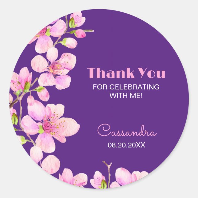 Sticker Rond Fleur de cerisier rose doux Sakura Purple Annivers (Devant)
