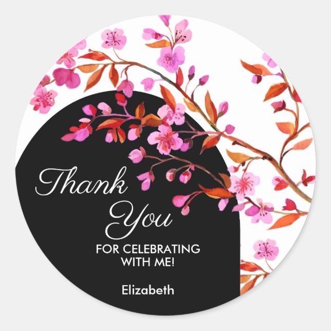 Sticker Rond Fleur de cerisier Sakura noir blanc Anniversaire (Devant)