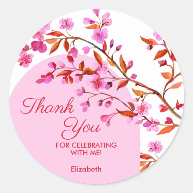 Sticker Rond Fleur de cerisier Sakura rose blanc Anniversaire (Devant)