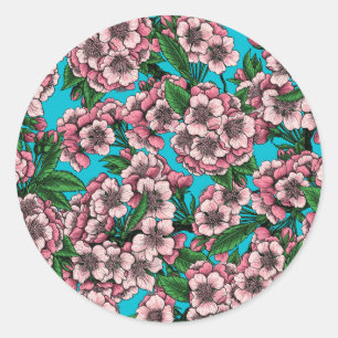 Sticker Rond Fleur de cerisier sur bleu
