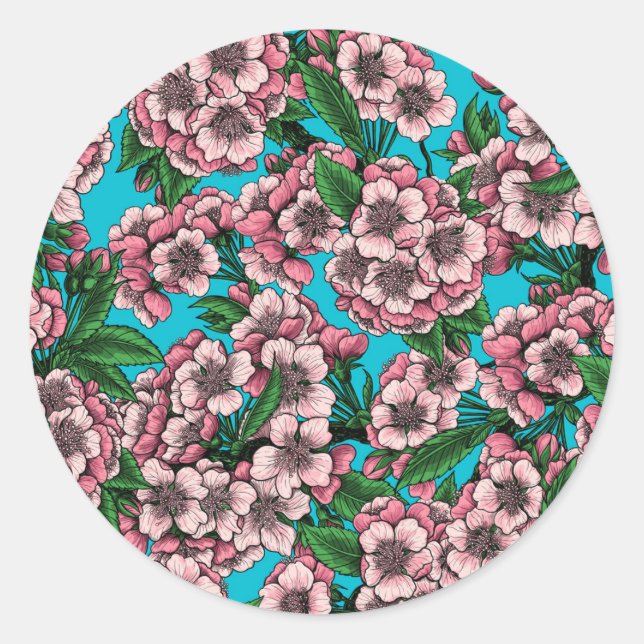 Sticker Rond Fleur de cerisier sur bleu (Devant)