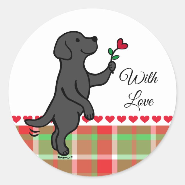 Sticker Rond Fleur de coeur minuscule du Labrador noir Valentin (Devant)