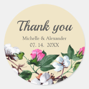 Sticker Rond Fleur de coton en fleurs. Merci mariage floral