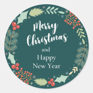 Sticker Rond Fleur de couronne verte Simple Joyeux Noël
