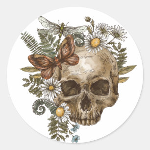 Sticker Rond fleur de crâne vintage gothique et papillons