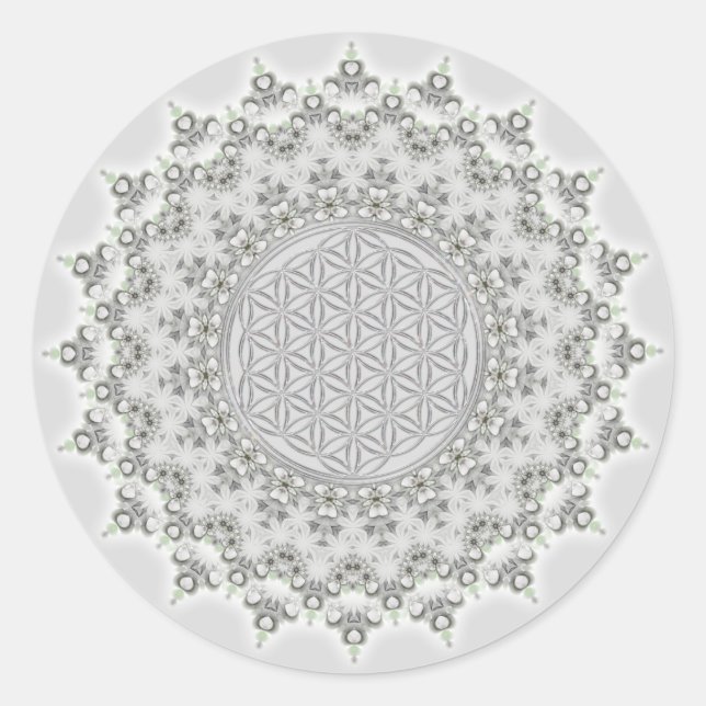 Sticker Rond Fleur de la vie - Fractal Mandala gris vert (Devant)