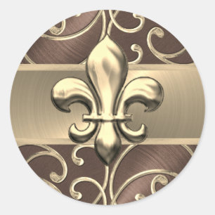 Sticker Rond Fleur de Lis Brown et Gold Filigree