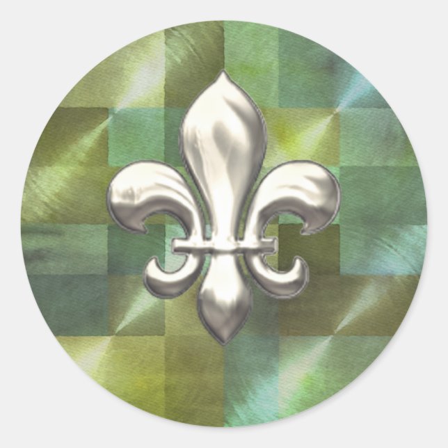 Sticker Rond Fleur de Lis en argent sur Abstrait Greens (Devant)