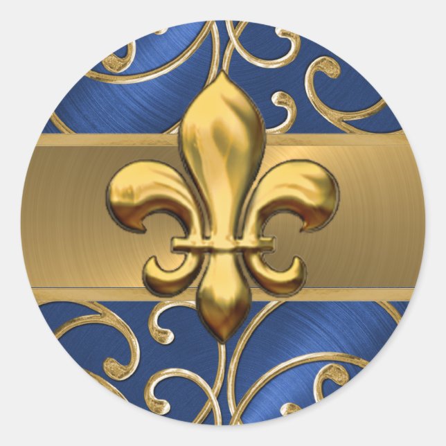 Sticker Rond Fleur de Lis en Filigree Bleu et Or (Devant)