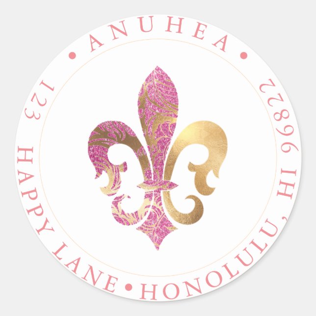 STICKER ROND FLEUR DE LIS | FAUX GOLD+PINK PARTIES SCINTILLANT  (Devant)
