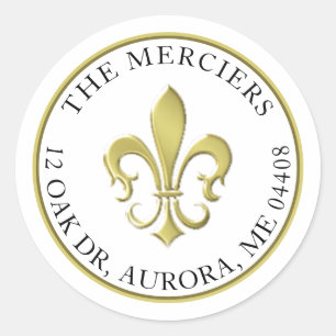 Sticker Rond Fleur de Lis Métallic Gold Adresse de retour Class