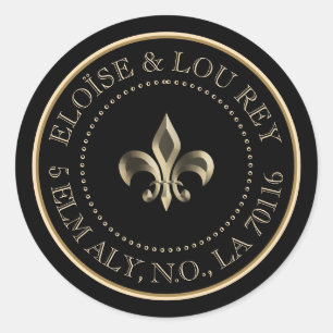 Sticker Rond Fleur de Lis Metallic Gold Black Adresse de retour