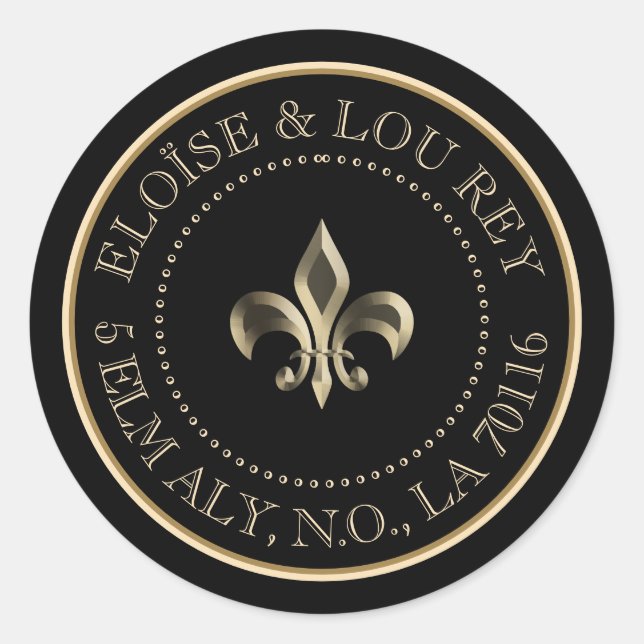 Sticker Rond Fleur de Lis Metallic Gold Black Adresse de retour (Devant)