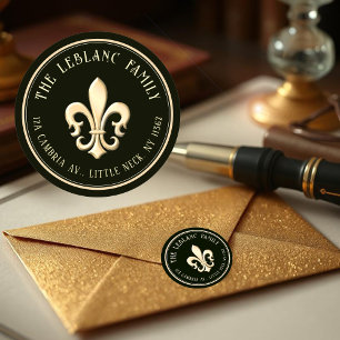 Sticker Rond Fleur de Lis Metallic Gold Black Adresse de retour