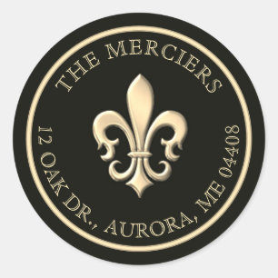 Sticker Rond Fleur de Lis Metallic Gold Black Adresse de retour
