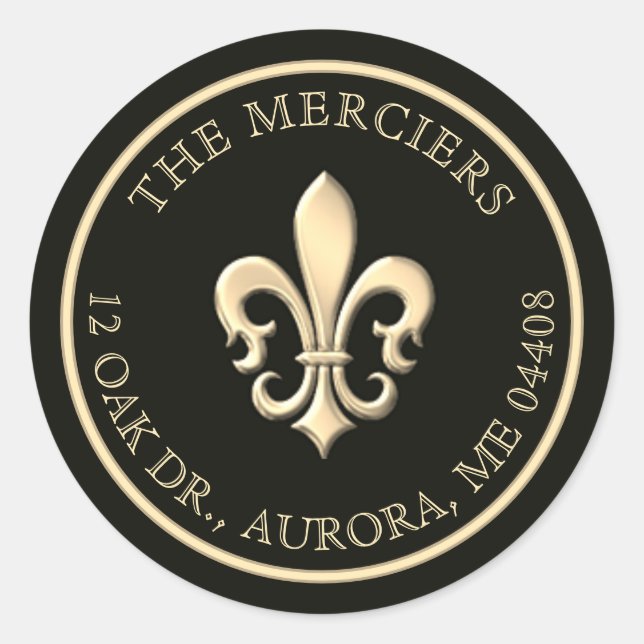Sticker Rond Fleur de Lis Metallic Gold Black Adresse de retour (Devant)