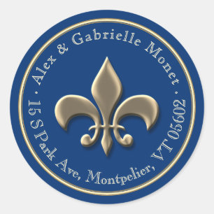 Sticker Rond Fleur de Lis Metallic Gold Blue Adresse de retour