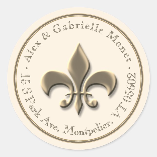 Sticker Rond Fleur de Lis Métallic Gold Ivory Adresse de retour (Devant)