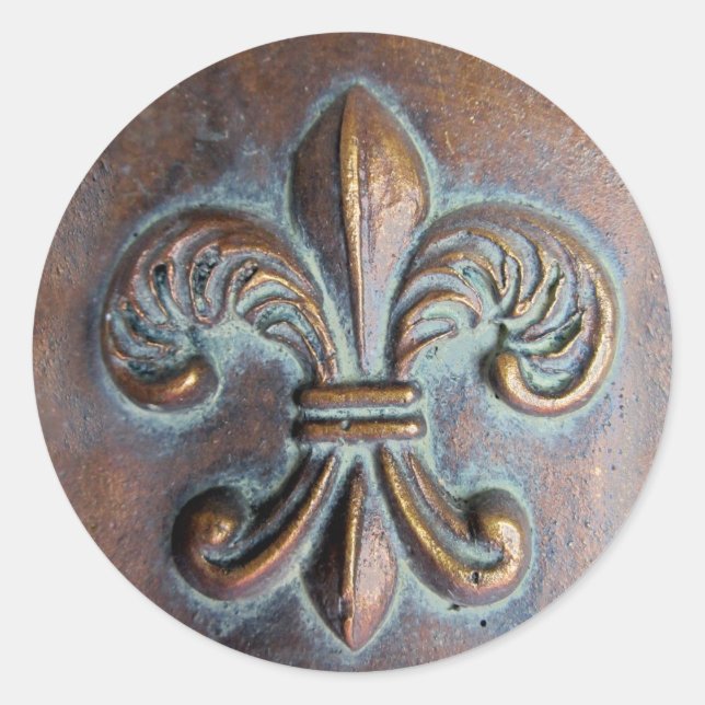 Sticker Rond Fleur De Lis, Revêtement De Cuivre Vieilli Imprimé (Devant)