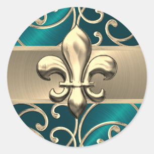 Sticker Rond Fleur de Lis turquoise et Gold Filigree