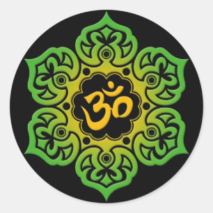 Sticker Rond Fleur de Lotus verte et jaune OM sur le noir