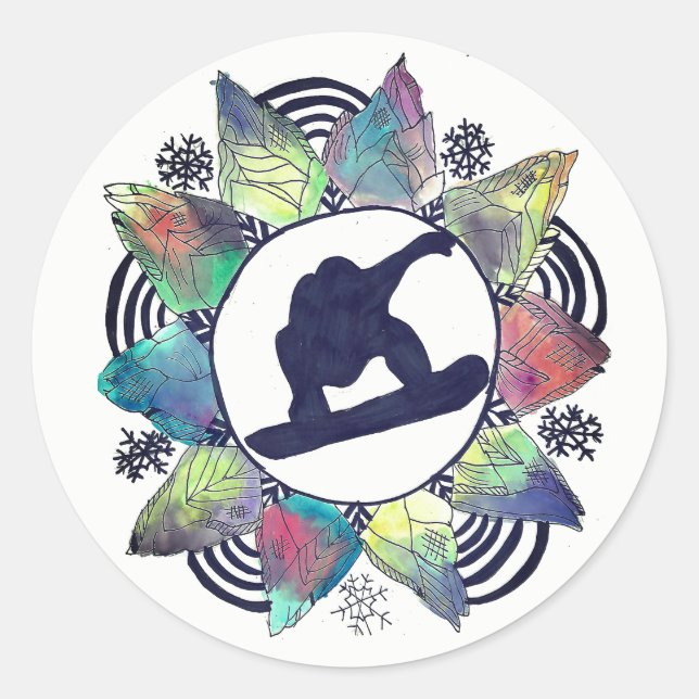Sticker Rond Fleur de montagne Snowboarder (Devant)
