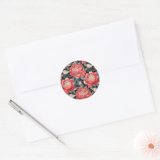Sticker Rond Fleur de Pivoine Vintage Corail Rouge & Sauge