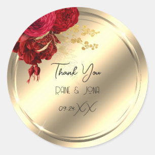 Sticker Rond Fleur de remerciement Cœur Mariage Douzième Or Ros