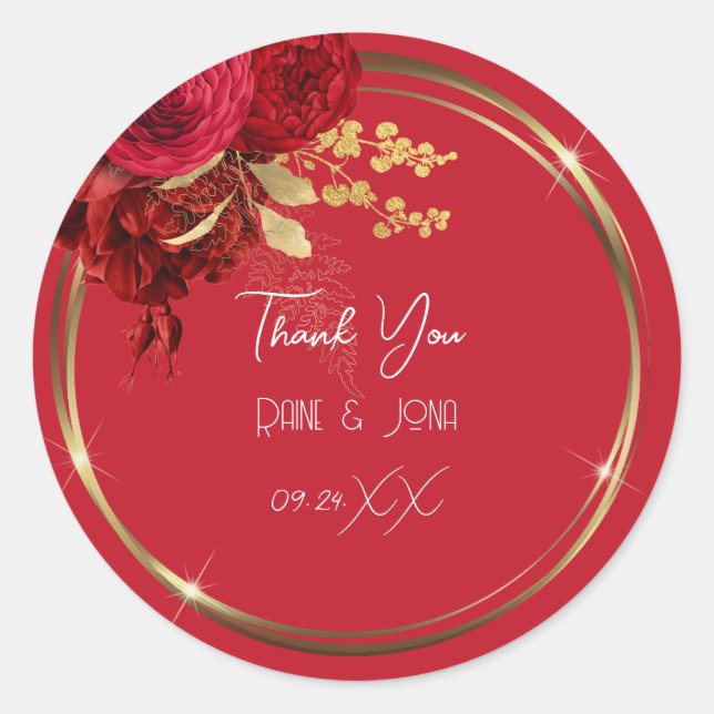 Sticker Rond Fleur de remerciement Cœur Mariage Douzième Or Rou (Devant)