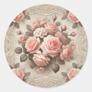 Sticker Rond Fleur de rose rose shabby chic vintage