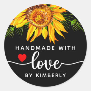 Sticker Rond Fleur de tournesol fait main avec amour noir