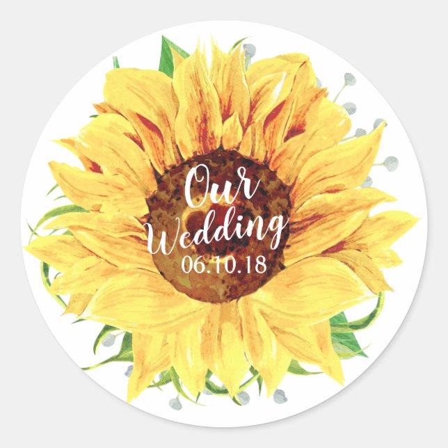 Sticker Rond Fleur de tournesol jaune Mariage aquarelle (Devant)