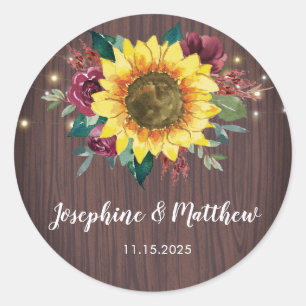 Sticker Rond Fleur de tournesol rustique Lumières Mariage de bo