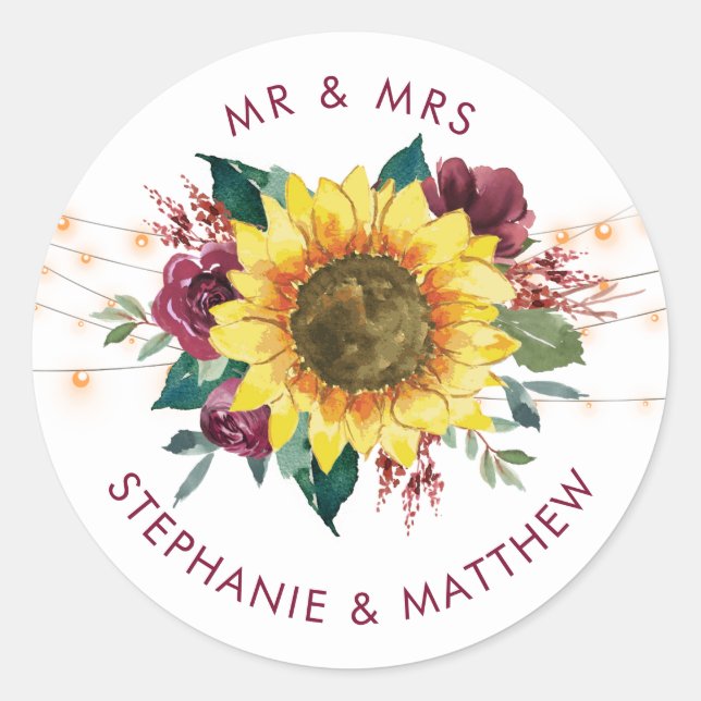 Sticker Rond Fleur de tournesol rustique Lumières Mariage M & M (Devant)